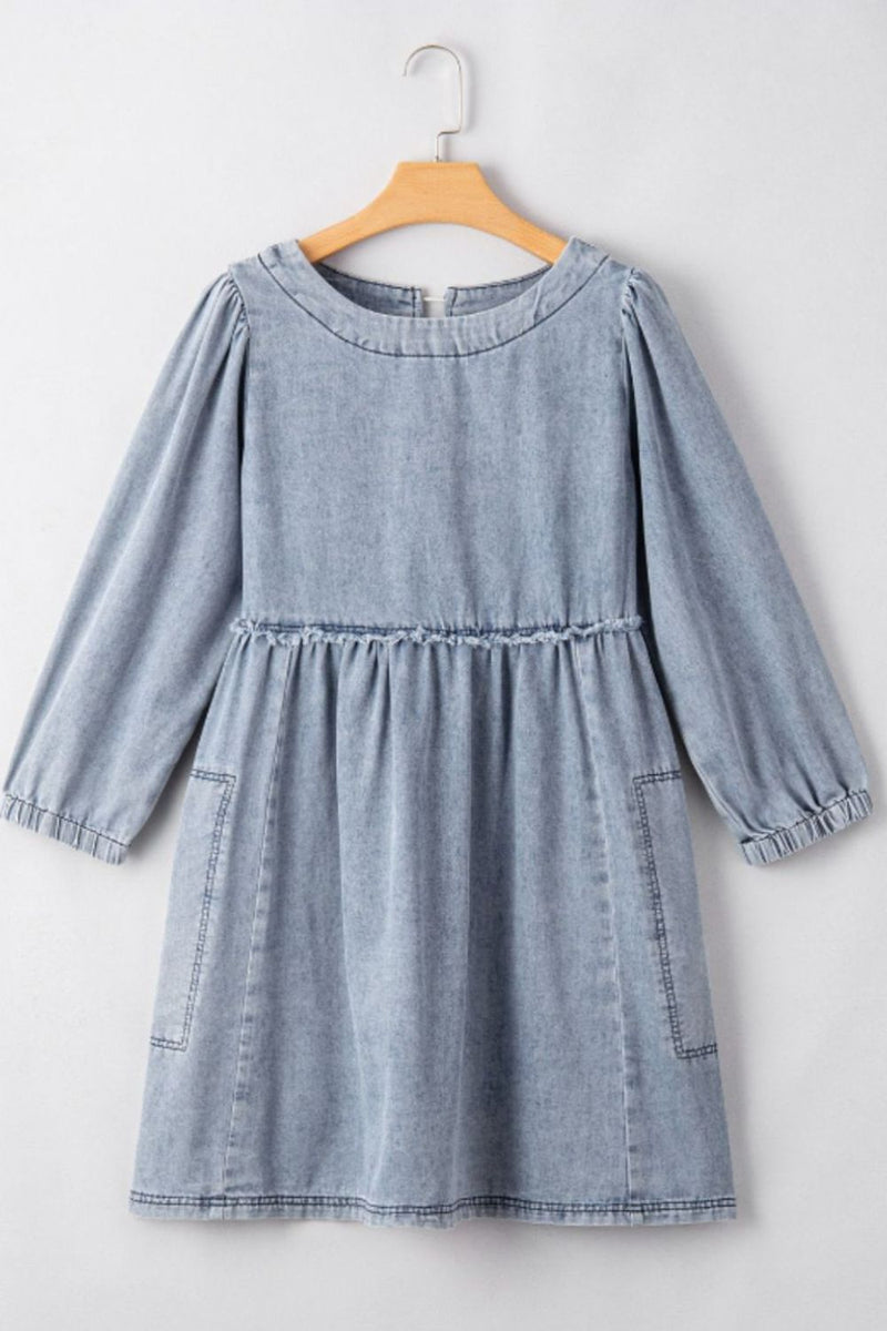 Hazel Blues® |  Cutout Round Neck Balloon Sleeve Denim Dress