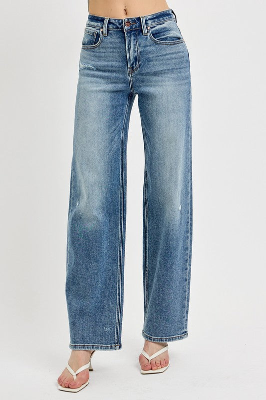 Hazel Blues® | RISEN Distressed Wide Leg Jeans