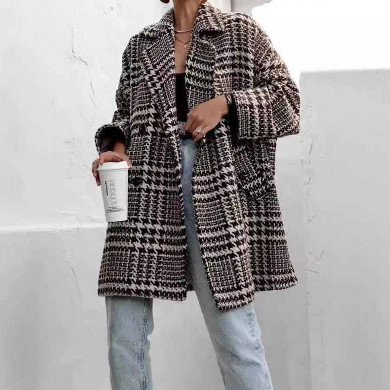 Hazel Blues® |  Houndstooth Collared Neck Long Sleeve Coat