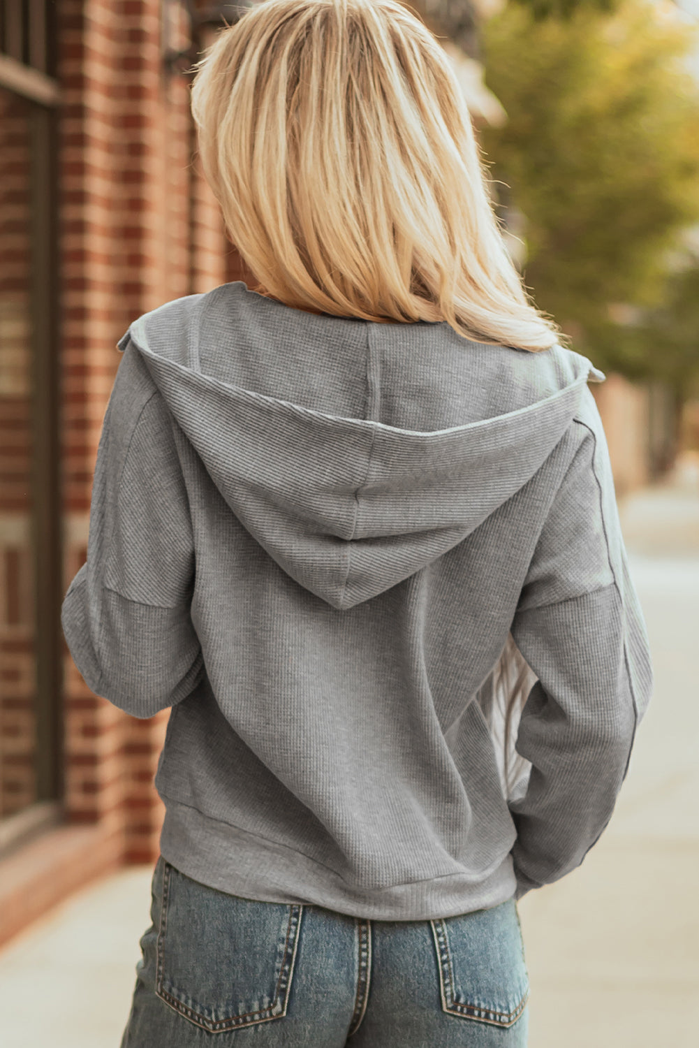 Gray Waffle Splicing Zip-Up Front Button Hooded Jacket