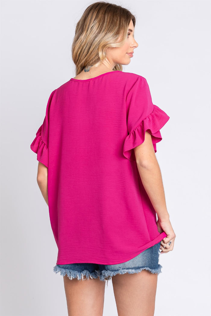 Hazel Blues® |  GeeGee V-Neck Ruffle Trim Short Sleeve Blouse