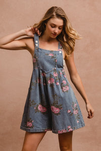 Hazel Blues® |  BiBi Flower Printed Wide Strap Denim Overalls