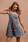 Hazel Blues® |  BiBi Flower Printed Wide Strap Denim Overalls
