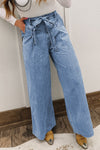 Hazel Blues® |  Beau Blue Western Washed Bow Knot Sash Wide Leg Jeans