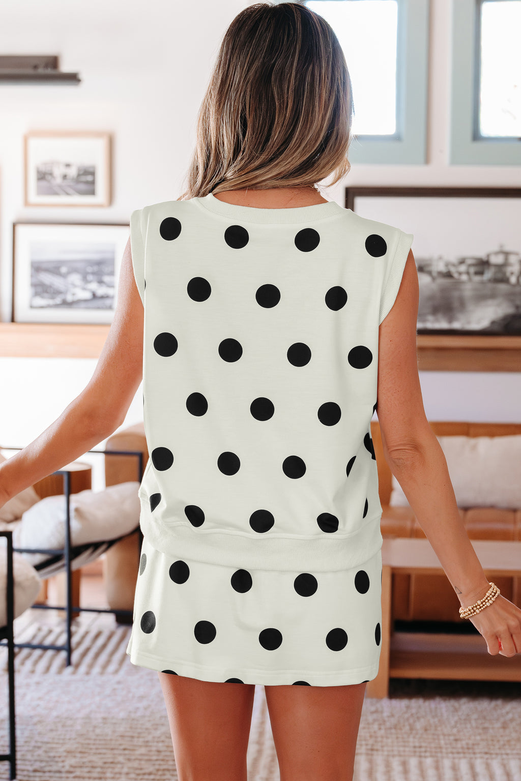 Rosalie Joy White Ribbed Trim Polka Dot Print Tank Split Mini Skort 2-Piece Set