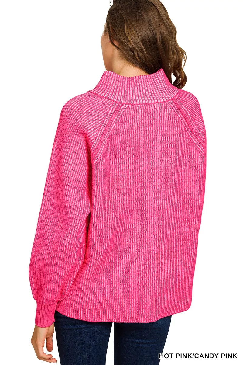 Hazel Blues® | Zenana Ribbed Two Tone Half Zip Sweater