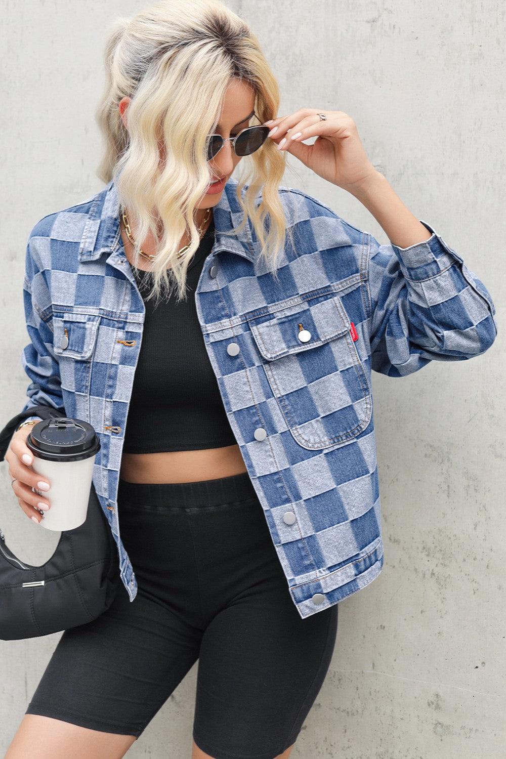 Hazel Blues® |  Checkered Button Up Long Sleeve Denim Jacket