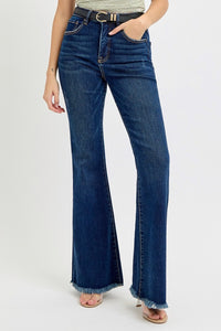 Hazel Blues® |  RISEN Tummy Control Frayed Hem Flare Jeans