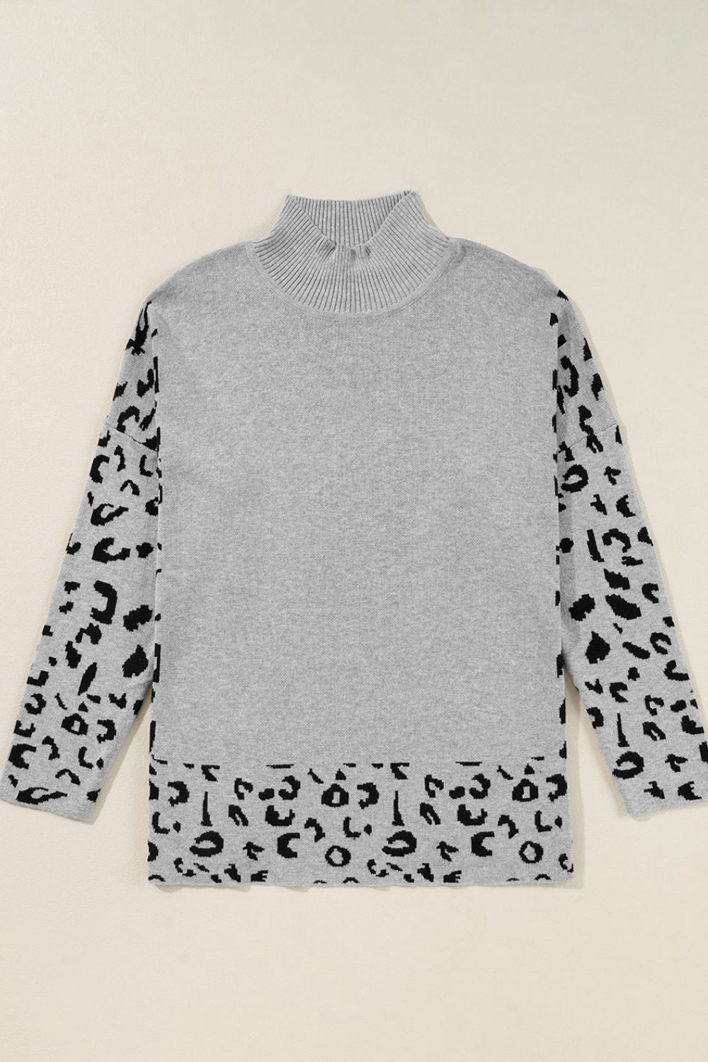 Hazel Blues® |  Slit Leopard Mock Neck Dropped Shoulder Sweater