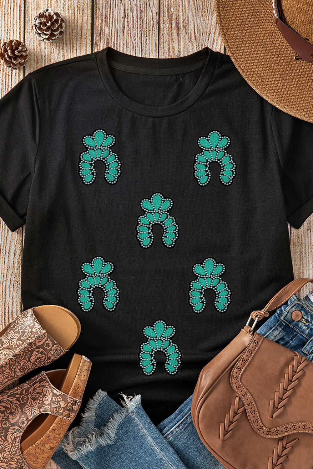 Hazel Blues® |  Black Western Turquoise Pattern Sequin Patched T Shirt