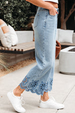 Hazel Blues® |  Dusk Blue Embroidered Cropped Wide Leg High Waist Jeans