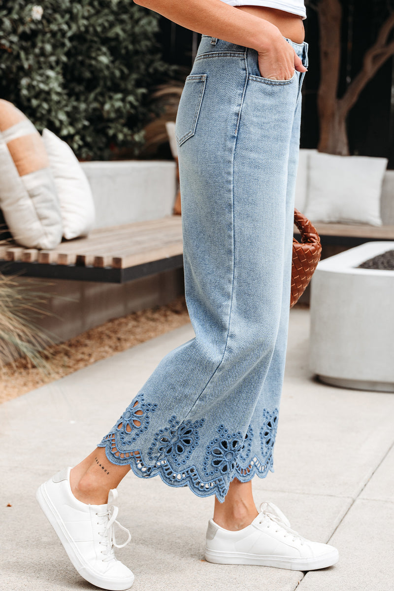 Hazel Blues® |  Dusk Blue Embroidered Cropped Wide Leg High Waist Jeans