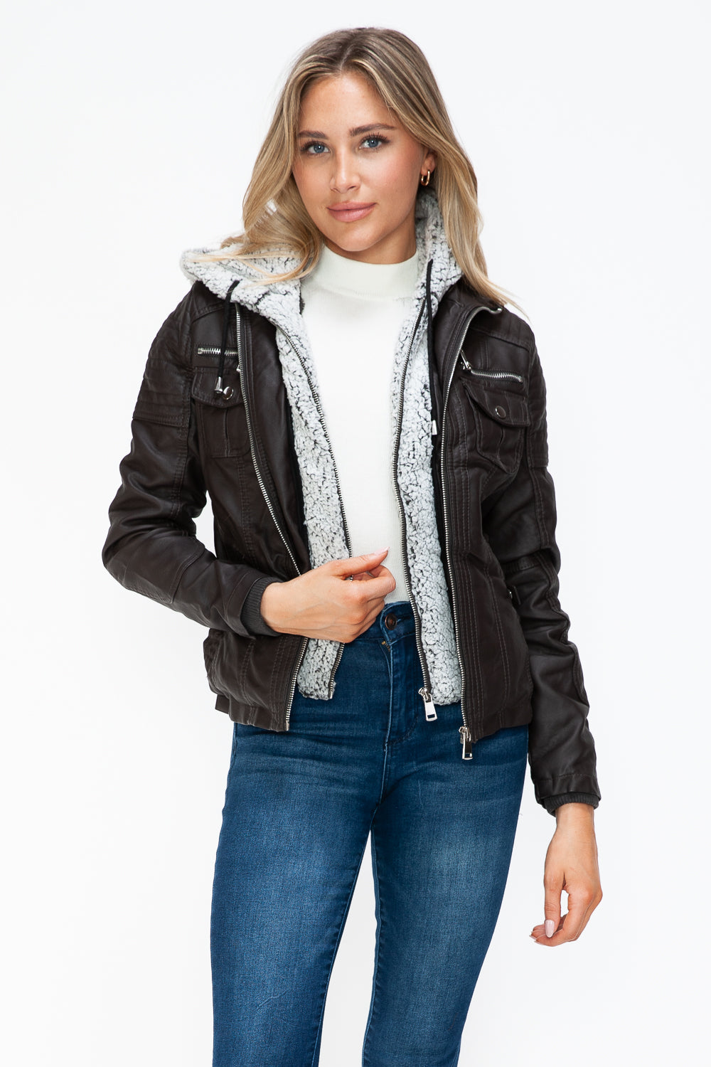 Hazel Blues® |  YMI Removable Faux Layered Multi-Pocket Jacket with Fuzzy Hood