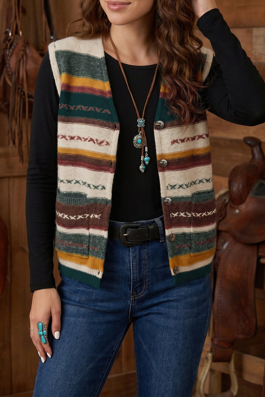 Multicolor Striped Button-Front Sleeveless Knit Regular Fit Sweater Vest