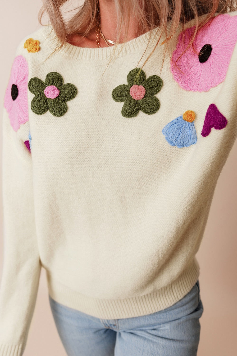 Hazel Blues® |  Crochet Flower Round Neck Dropped Shoulder Sweater