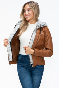 Hazel Blues® |  YMI Faux Layered Double-Zipper Jacket with Fuzzy Hood