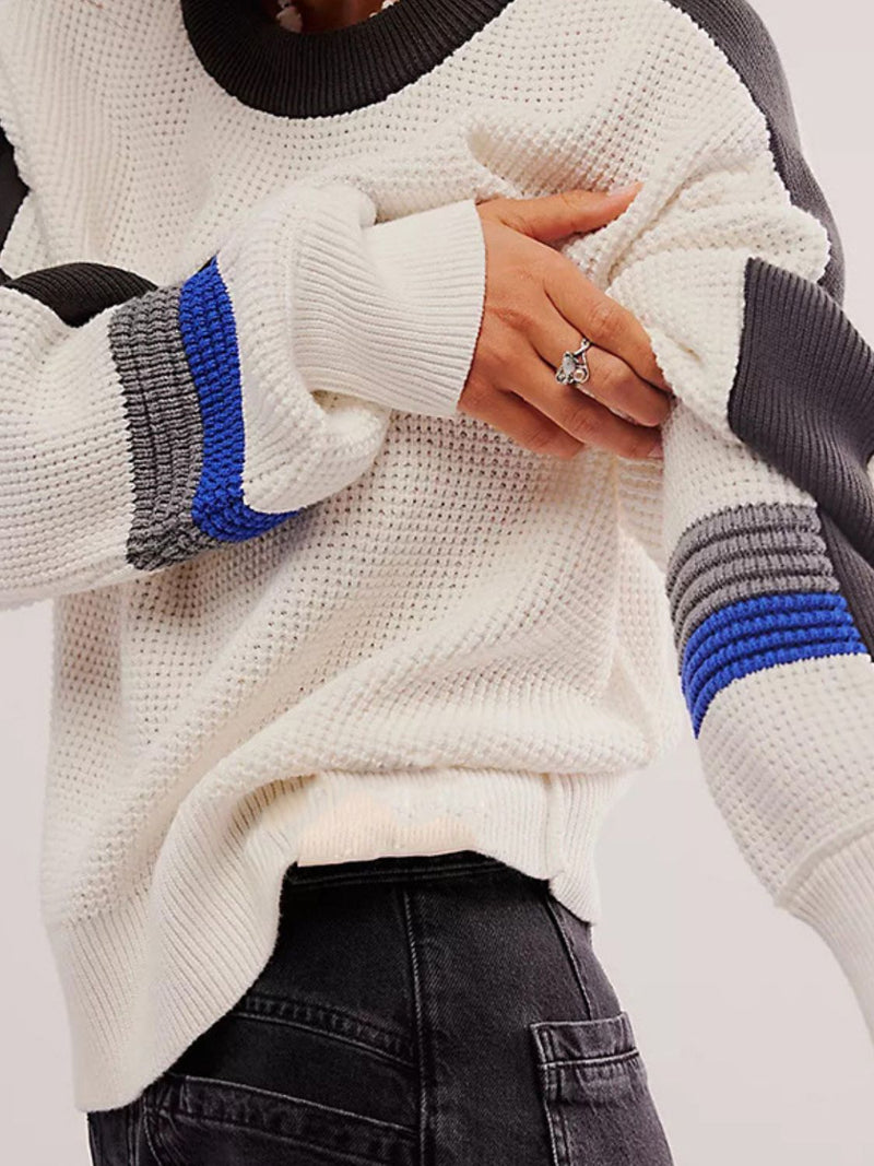 Hazel Blues® |  Waffle-Knit Contrast Round Neck Sweater