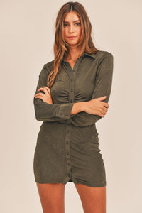 Hazel Blues® |  MABLE Front Ruched Button-Down Skinny Mini Shirt Dress