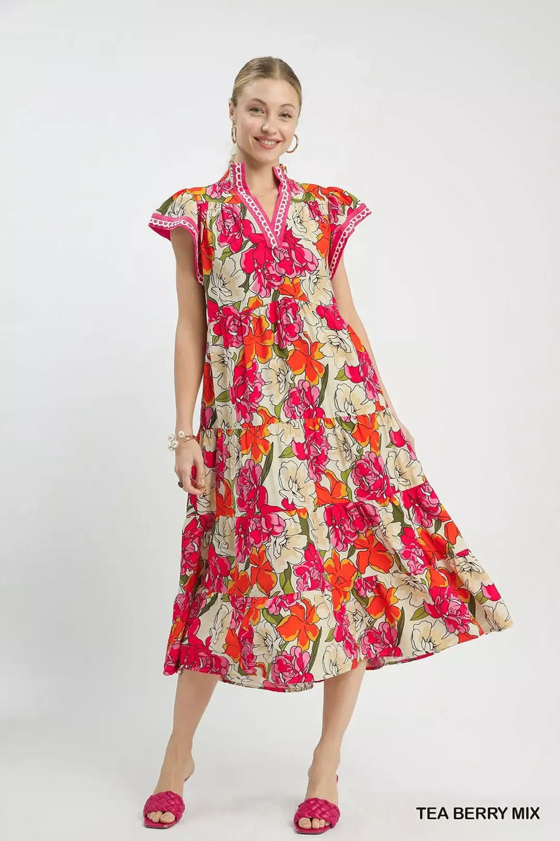 Umgee MIX Bold Floral Tiered Midi Dress TEA BERRY MIX / S