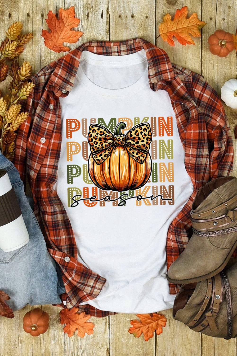 Hazel Blues® |  White PUMPKIN Season Leopard Bow Print Crew Neck T Shirt