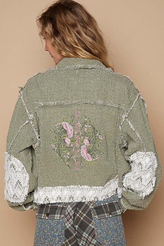 Hazel Blues® |  POL Crochet Patch Embroidered Button Up Jacket