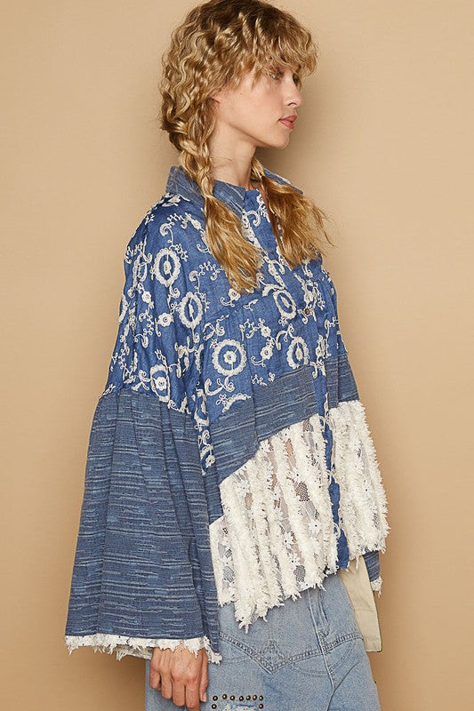 Hazel Blues® |  POL Lace Hem Embroidered Long Sleeve Shirt