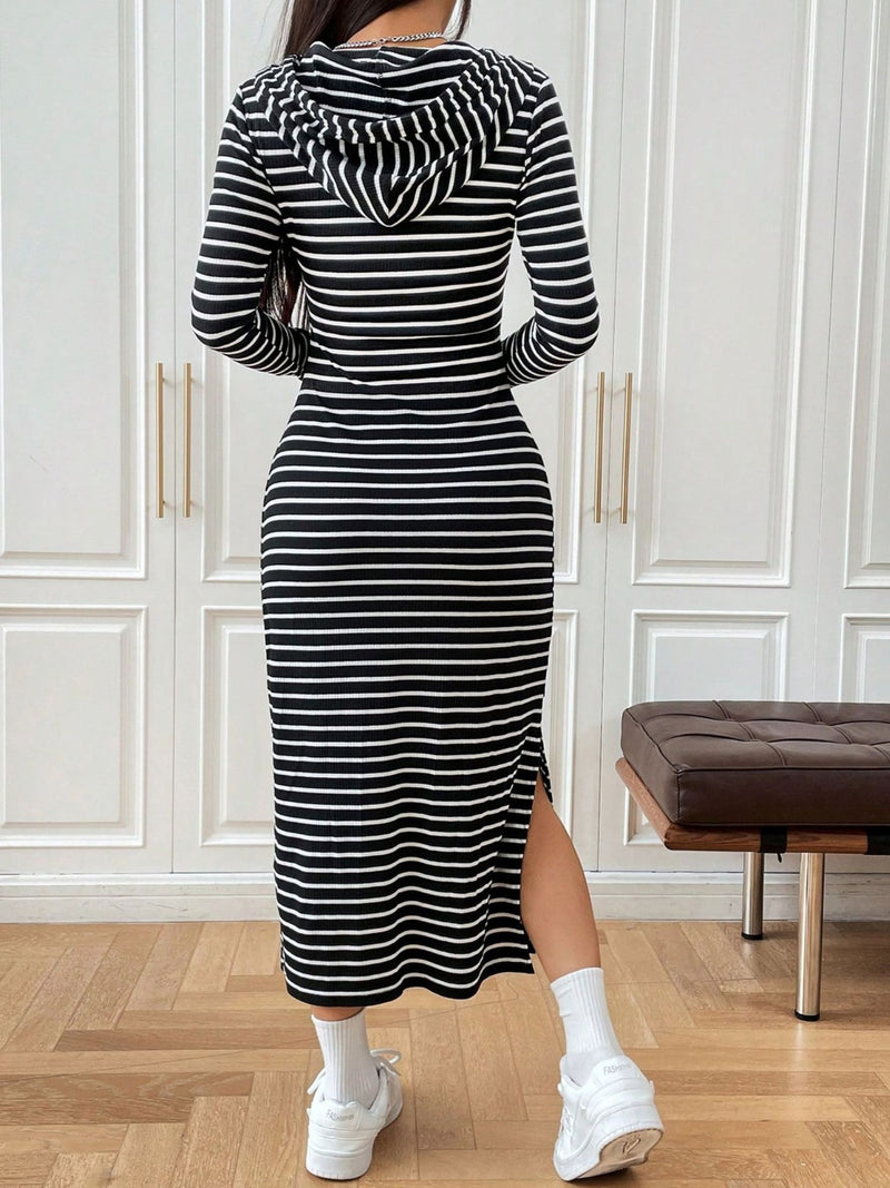 Hazel Blues® |  Drawstring Striped Long Sleeve Hooded Dress