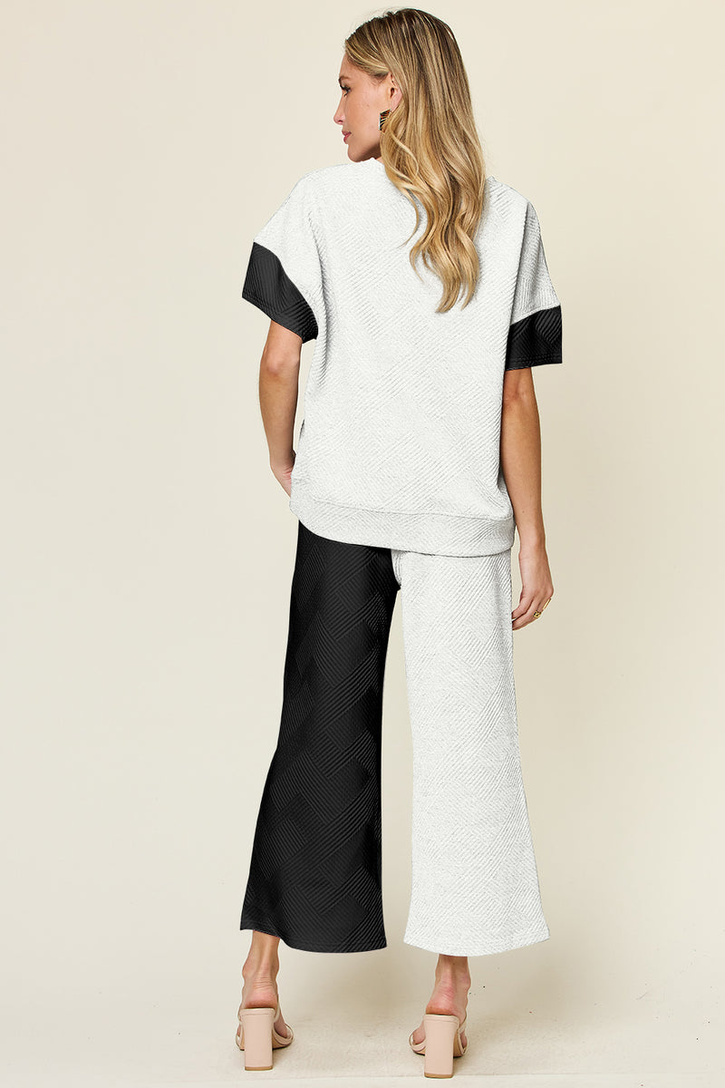 Hazel Blues® |  Double Take Texture Contrast T-Shirt and Wide Leg Pants Set