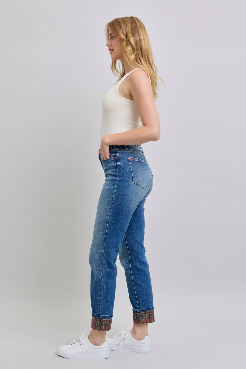 Hazel Blues® |  Judy Blue Plaid Print Cuff Straight Leg Jeans with Pockets