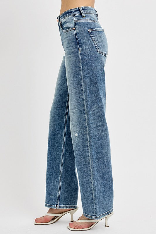 Hazel Blues® | RISEN Distressed Wide Leg Jeans