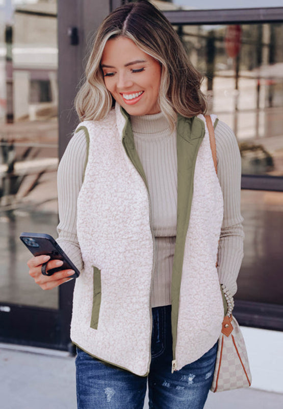 Fuzzy Zip Up Vest Coat with Pockets