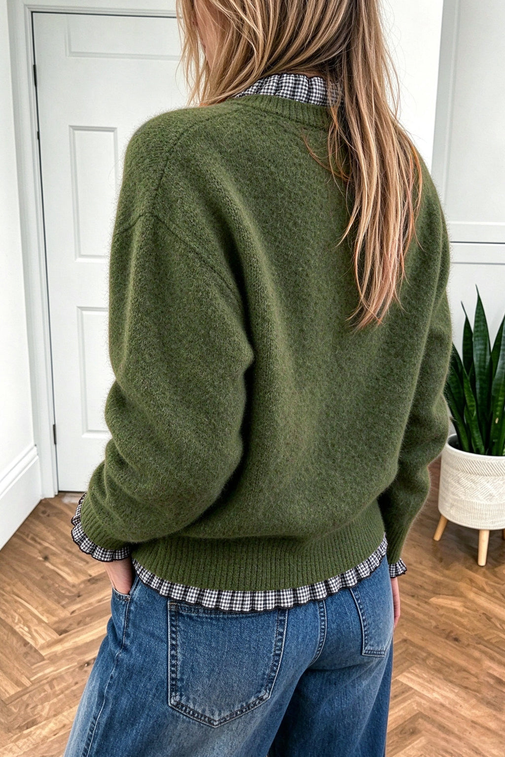 Green Plaid Ruffle-Trim Sweater
