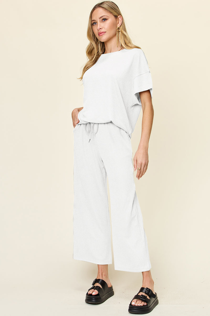 Hazel Blues® |  Double Take Texture Round Neck Short Sleeve T-Shirt and Wide Leg Pants