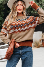 Hazel Blues® |  Khaki Aztec Print Colorblock Crew Neck Sweater