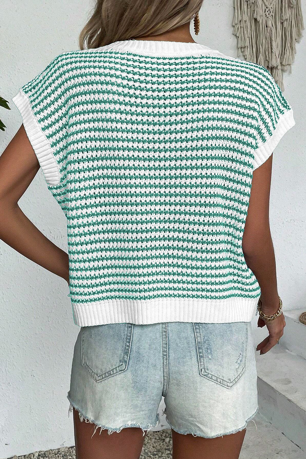 Green Striped Ribbed-Trim Sweater Vest