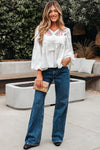 Hazel Blues® |  White Flower Lace-up V Neck Babydoll Blouse