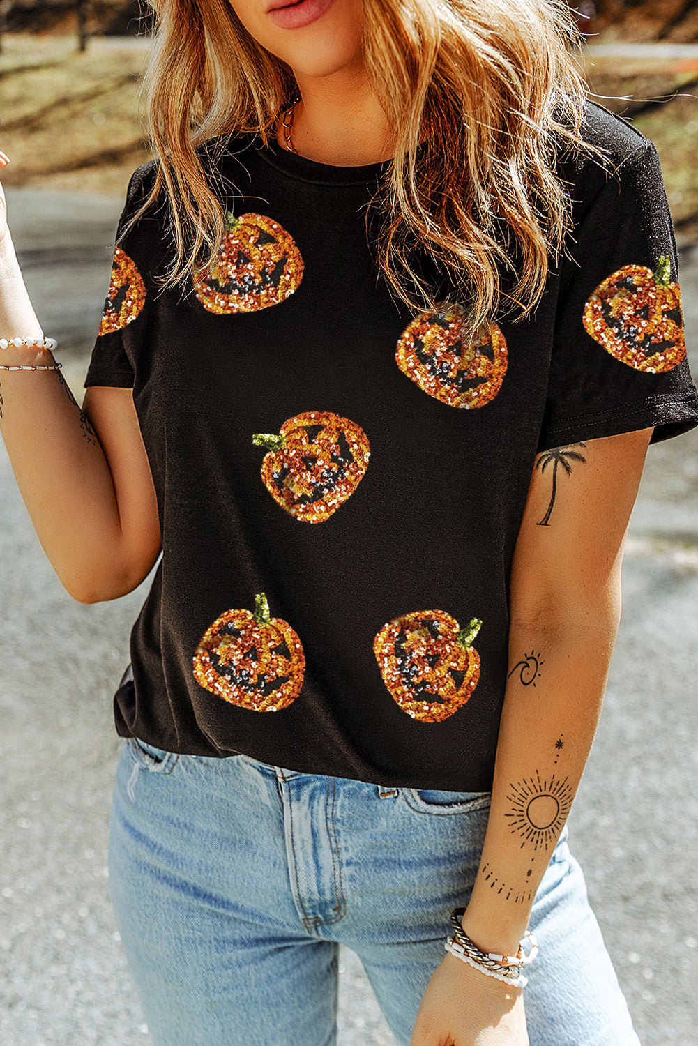 Black Sequin Pumpkin Face Halloween T-Shirt