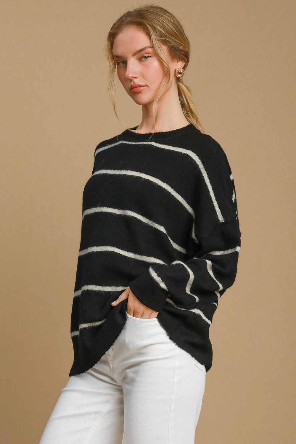 Hazel Blues® |  Umgee Wool Blend Striped Round Neck Sweater