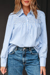 Hazel Blues® |  Sky Blue Stripe Shirred Detail Half Placket Collared Long Sleeve Fall Shirt