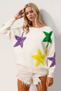 Hazel Blues® |  Double Take Sequin Star Round Neck Dropped Shoulder Sweater