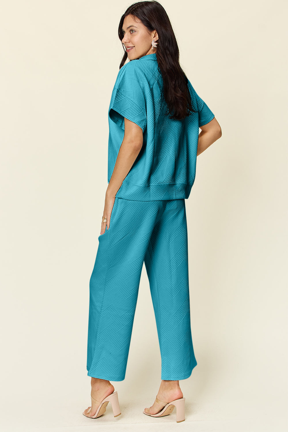 Hazel Blues® |  Double Take Texture Half Zip Short Sleeve Top and Pants Set