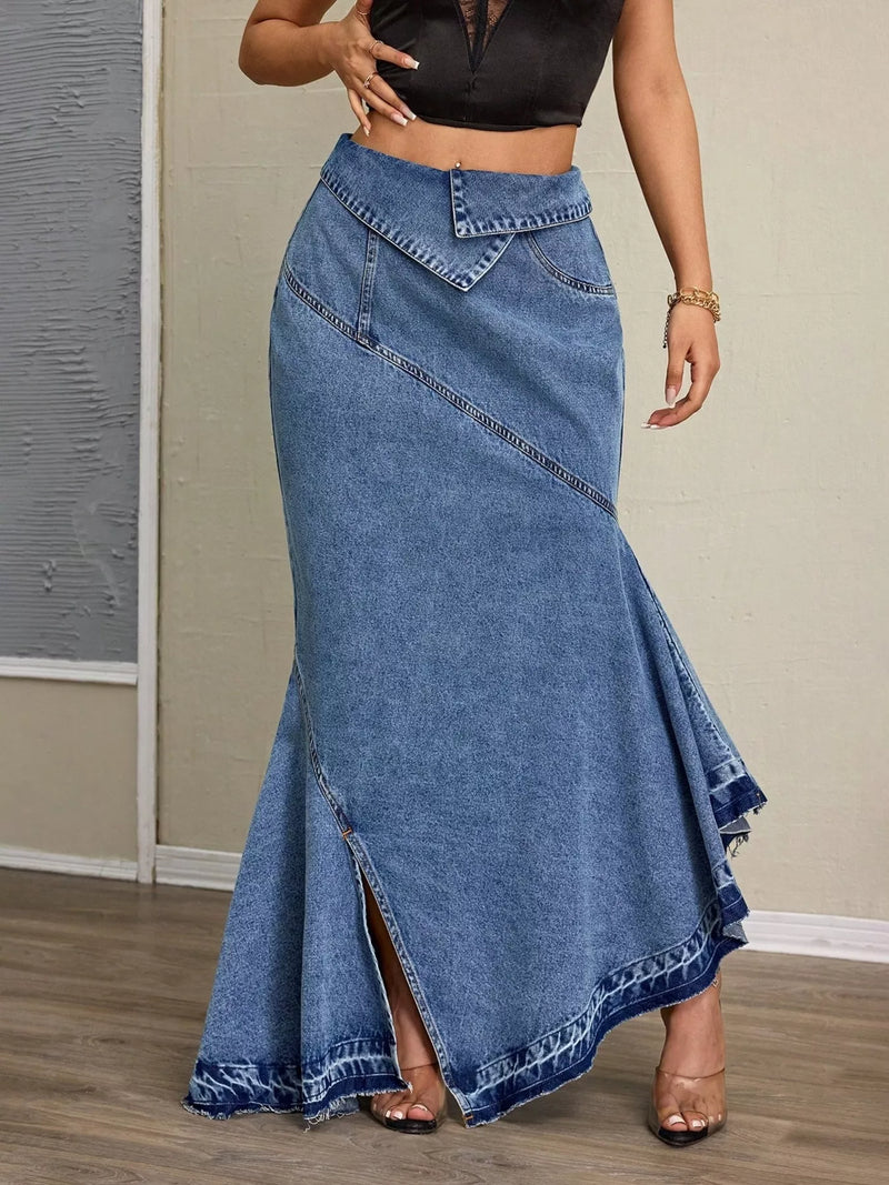 Hazel Blues® | High-Waist Asymmetrical Slit Denim Maxi Mermaid Skirt Hazel Blues® | High-Waist Asymmetrical Slit Denim Maxi Mermaid Skirt