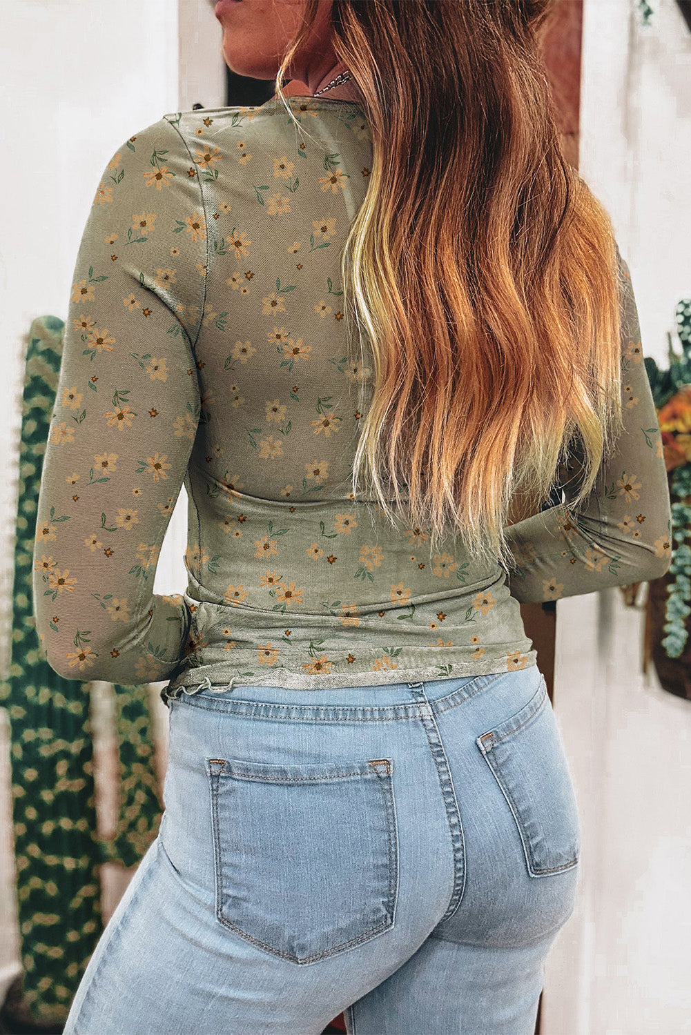 Hazel Blues® |  Laurel Green Vintage Floral Print Southern Style Mesh Long Sleeve Top