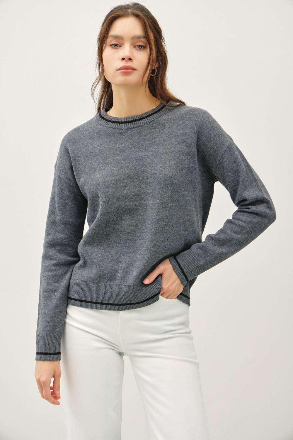 Hazel Blues® |  Be Cool Striped Trim Round Neck Long Sleeve Sweater