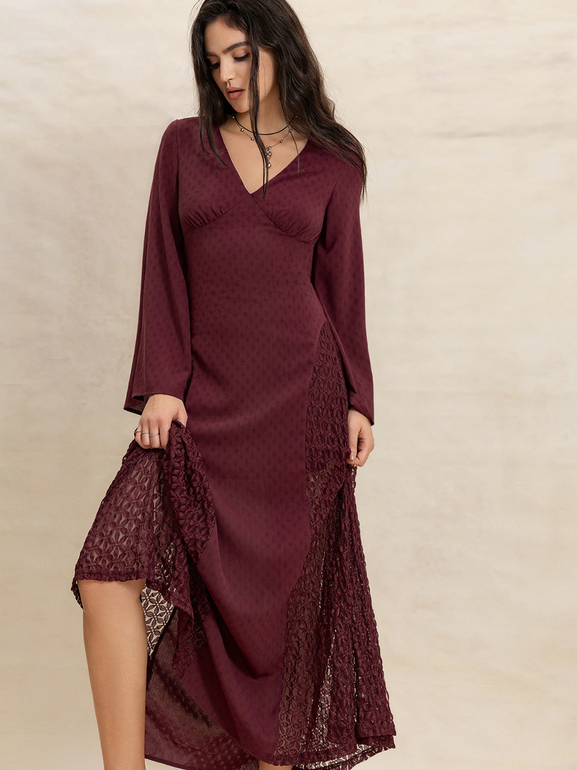 Hazel Blues® |  Lace Patchwork V-Neck Long Sleeve Midi Dress