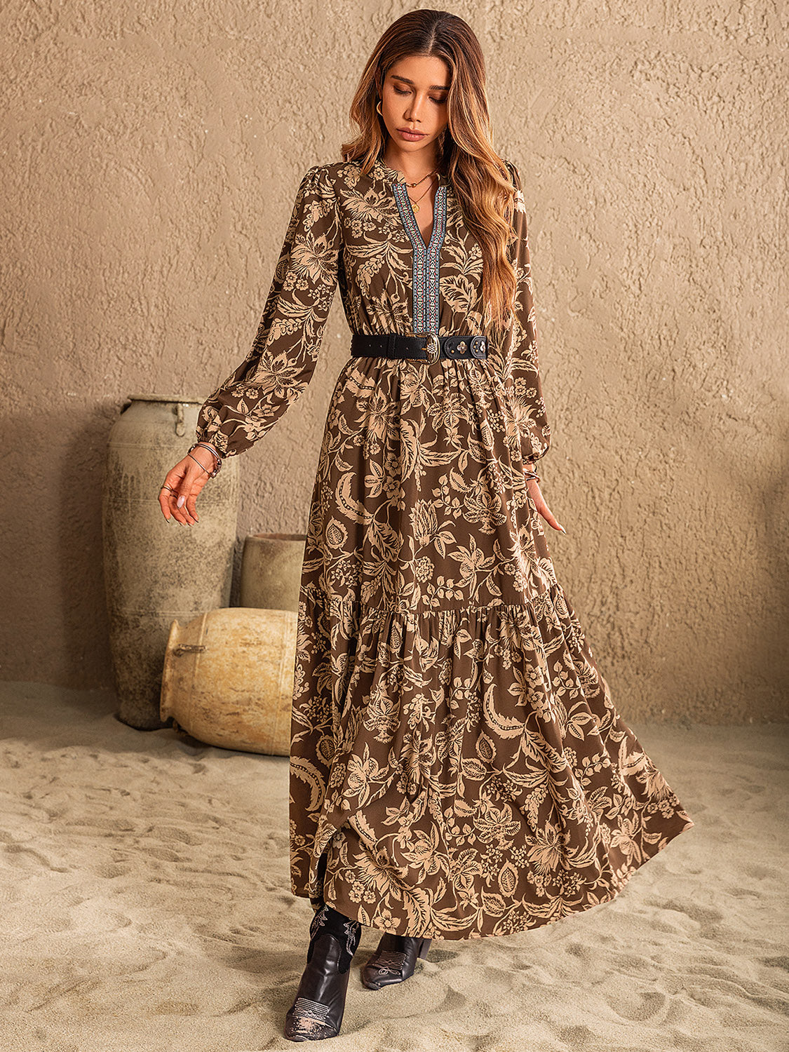 Hazel Blues® |  Ruched Printed Notched Long Sleeve Maxi Dress