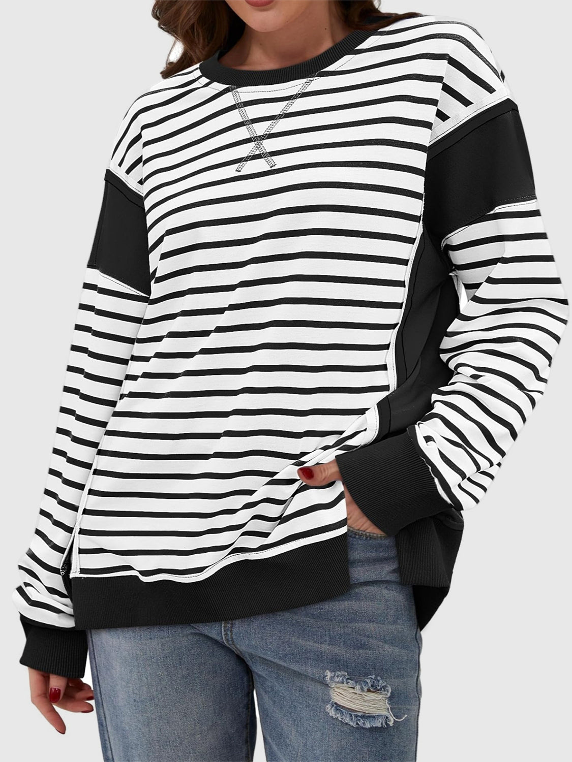 Hazel Blues® |  Slit Exposed Seam Striped Long Sleeve Sweatshirt