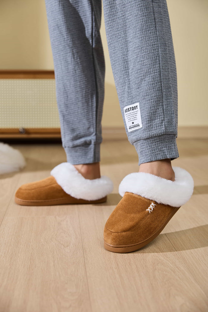 Hazel Blues® |  Fluff Trim Round Toe Flat Slippers