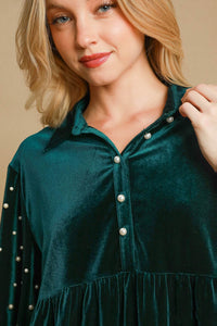 Hazel Blues® |  Umgee Pearl Detail Half Sleeve Velvet Babydoll Blouse