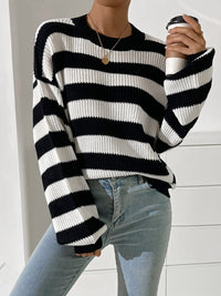 Hazel Blues® |  Honey Striped Round Neck Long Sleeve Sweater